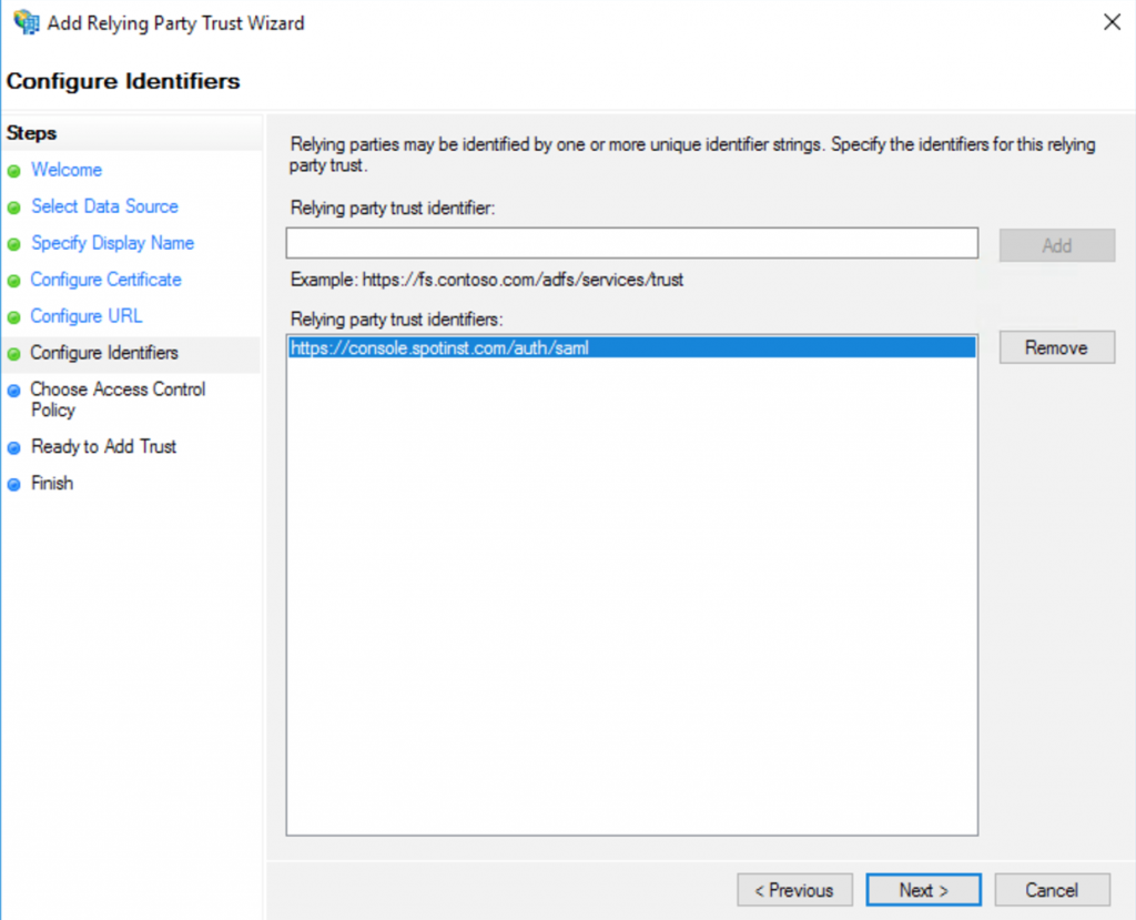 AD FS Relying party identity screenshot